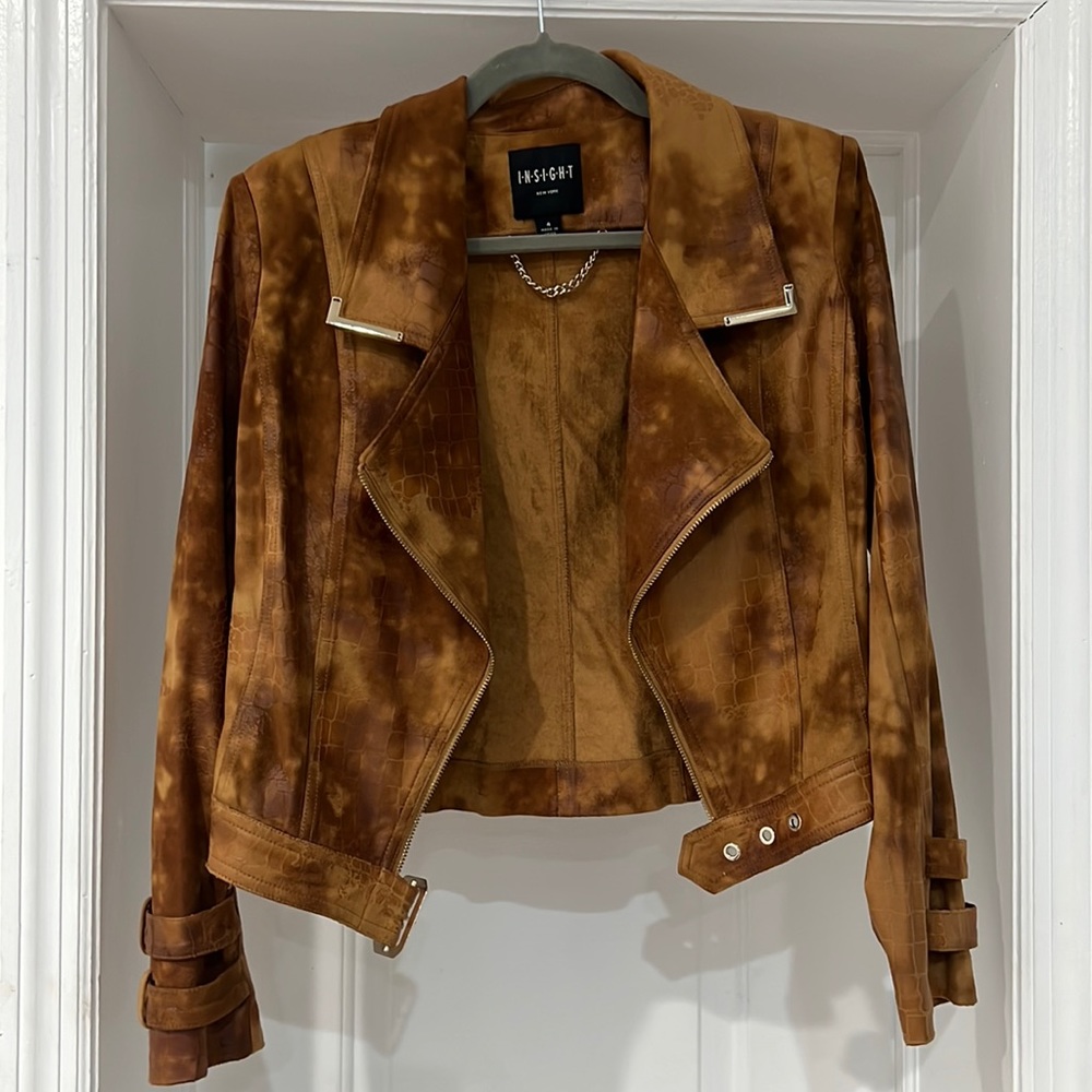 Cognac reptile print, distressed motor style jacket